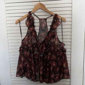 Free People Floral Sheer Tank Top - Black and Brown